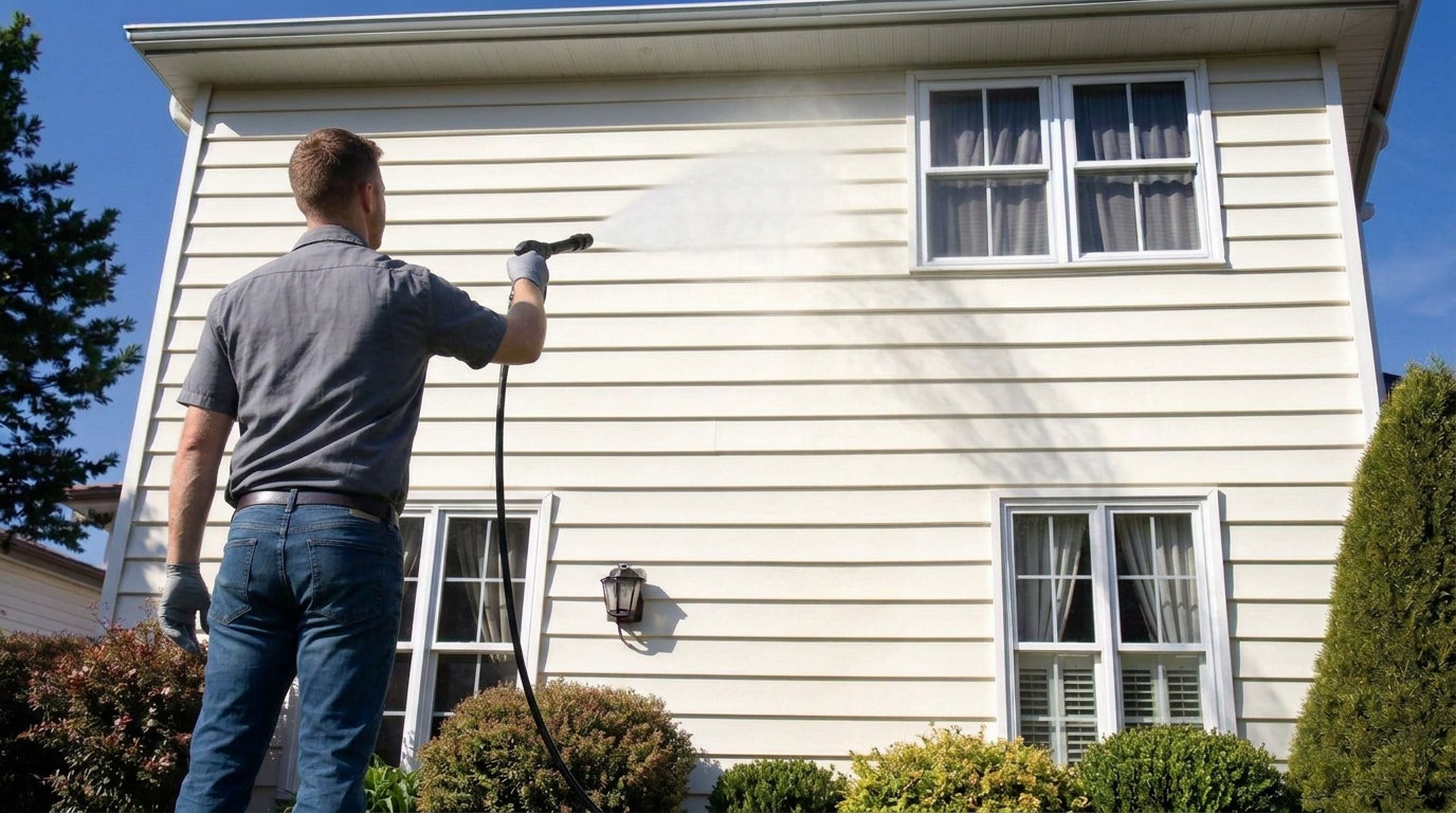 Technician soft washing house siding